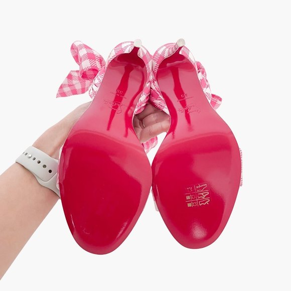 Louboutin Sandale Du Desert 100 EU 39 US 9 Pink Gingham Ankle Wrap High Heel - Picture 9 of 11